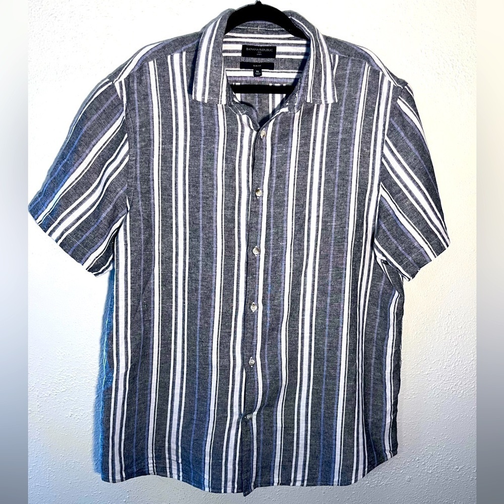Banana Republic Slim Fit Mens XL Gray & Blue Striped Linen Casual Preppy Shirt